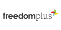 Freedomplus logo in black and gray with multicolor plus symbol