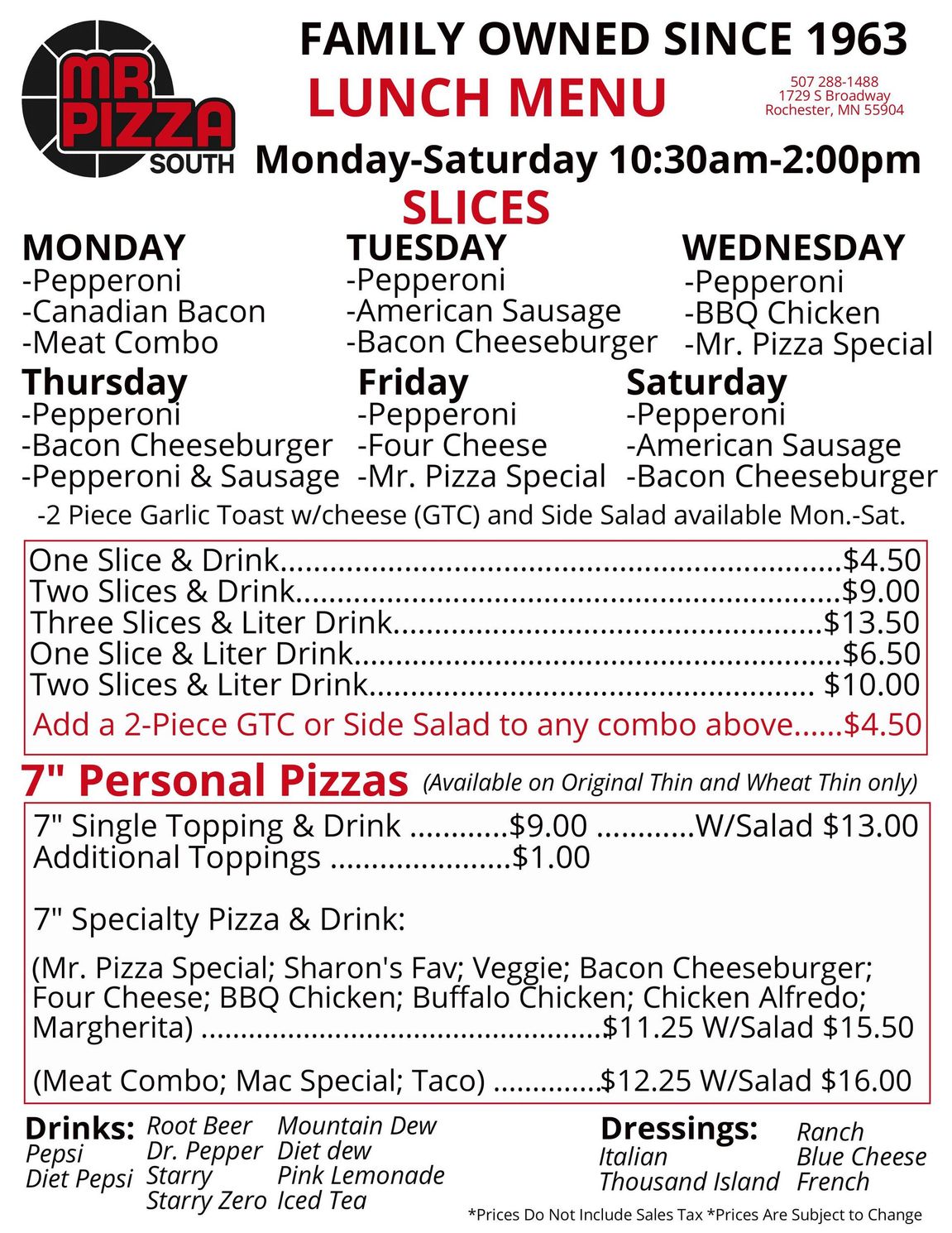 A menu for a family-owned pizza restaurant.