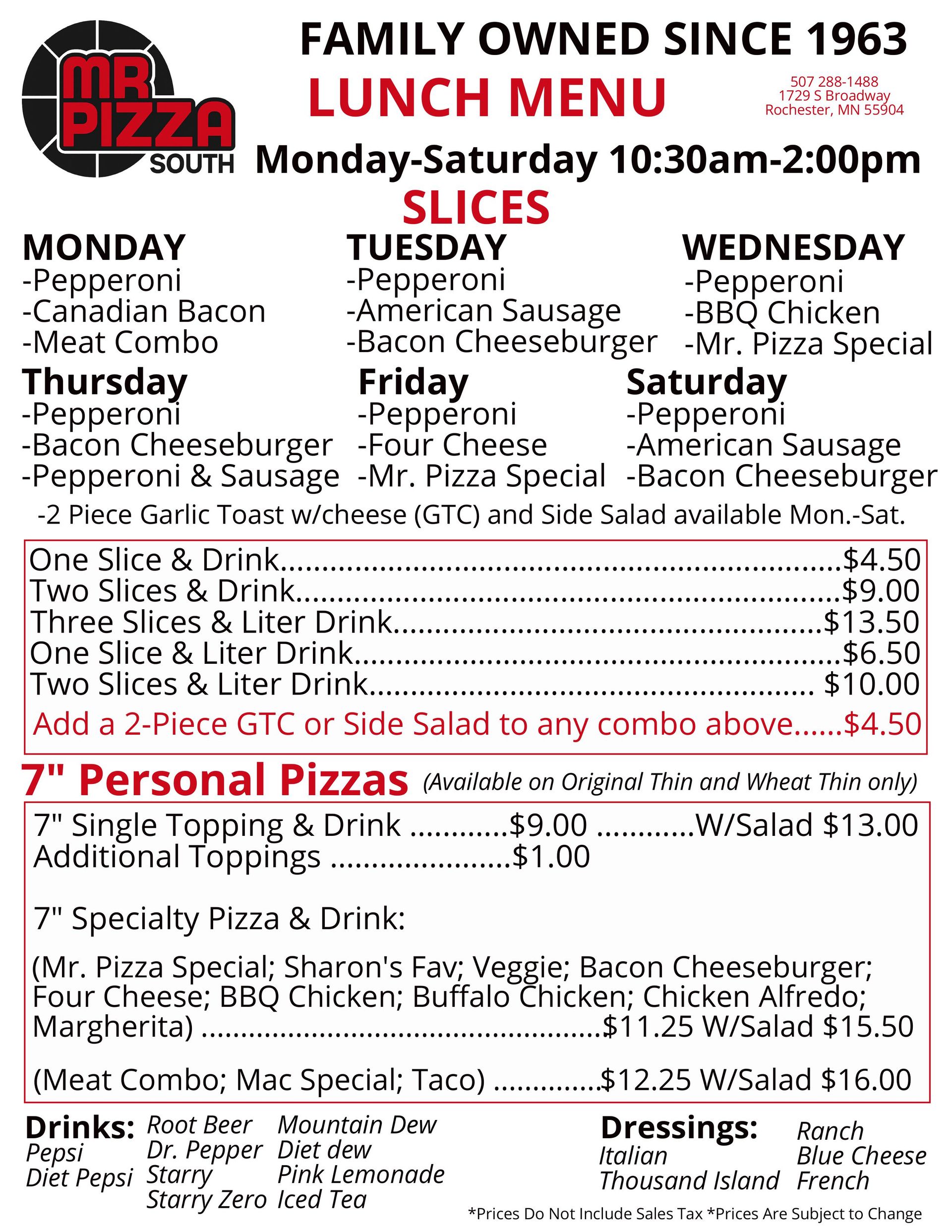 A menu for a family-owned pizza restaurant.