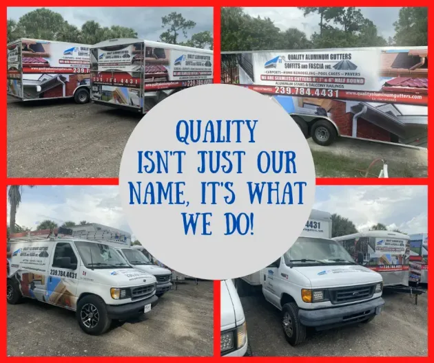 Work vans and truck with slogan “Quality isn’t just our name, it’s what we do” in red collage layout
