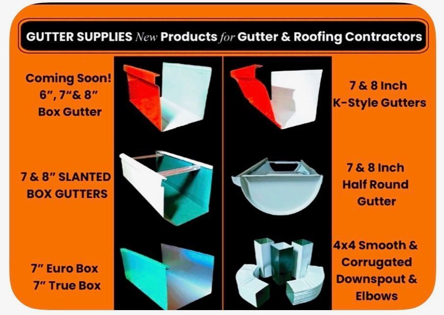 Gutter supplies ad with colorful gutter profile samples and product names on black background