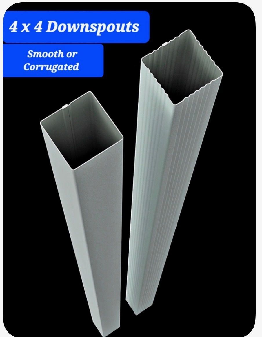 Two white 4x4 downspouts, smooth or corrugated, on a black background