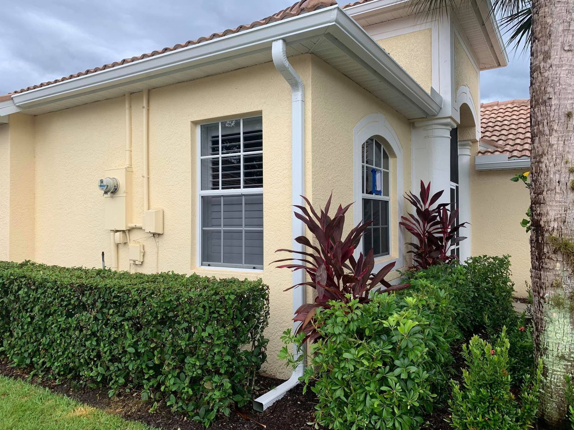 Cream stucco house exterior with white-trimmed windows, green hedges, and tropical plants by the corner porch