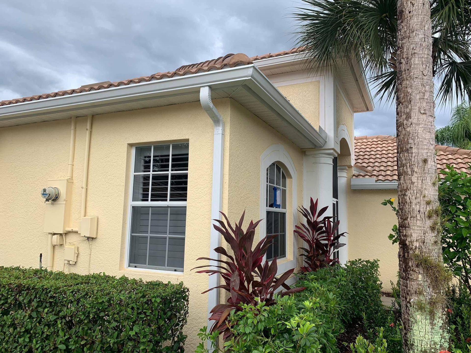 Cream-colored house with white trim, arched window, tiled roof, and palm trees in the front yard