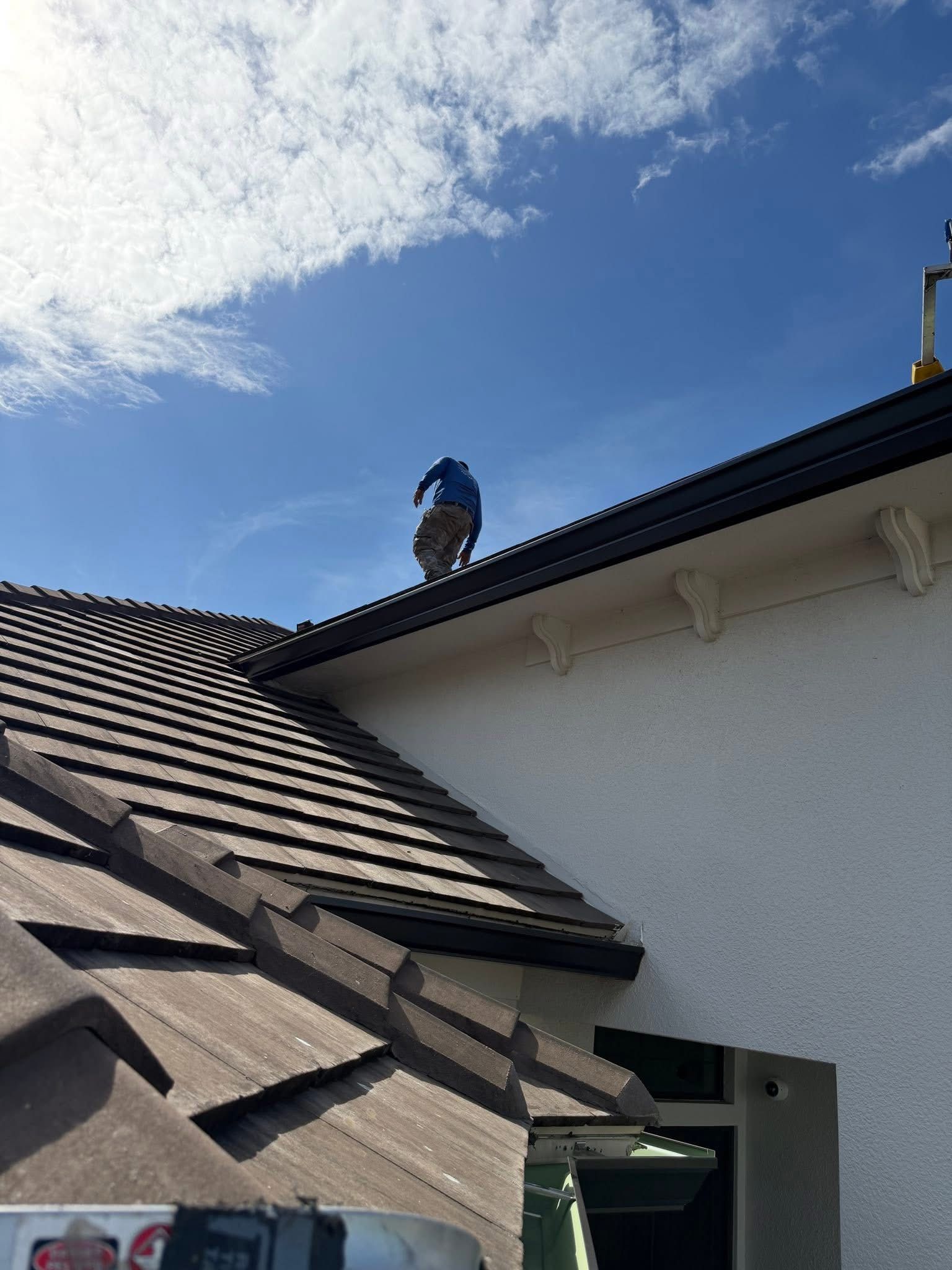 Roofline of a white house with dark shingles under a blue sky, with a small bird perched on the roof ridge