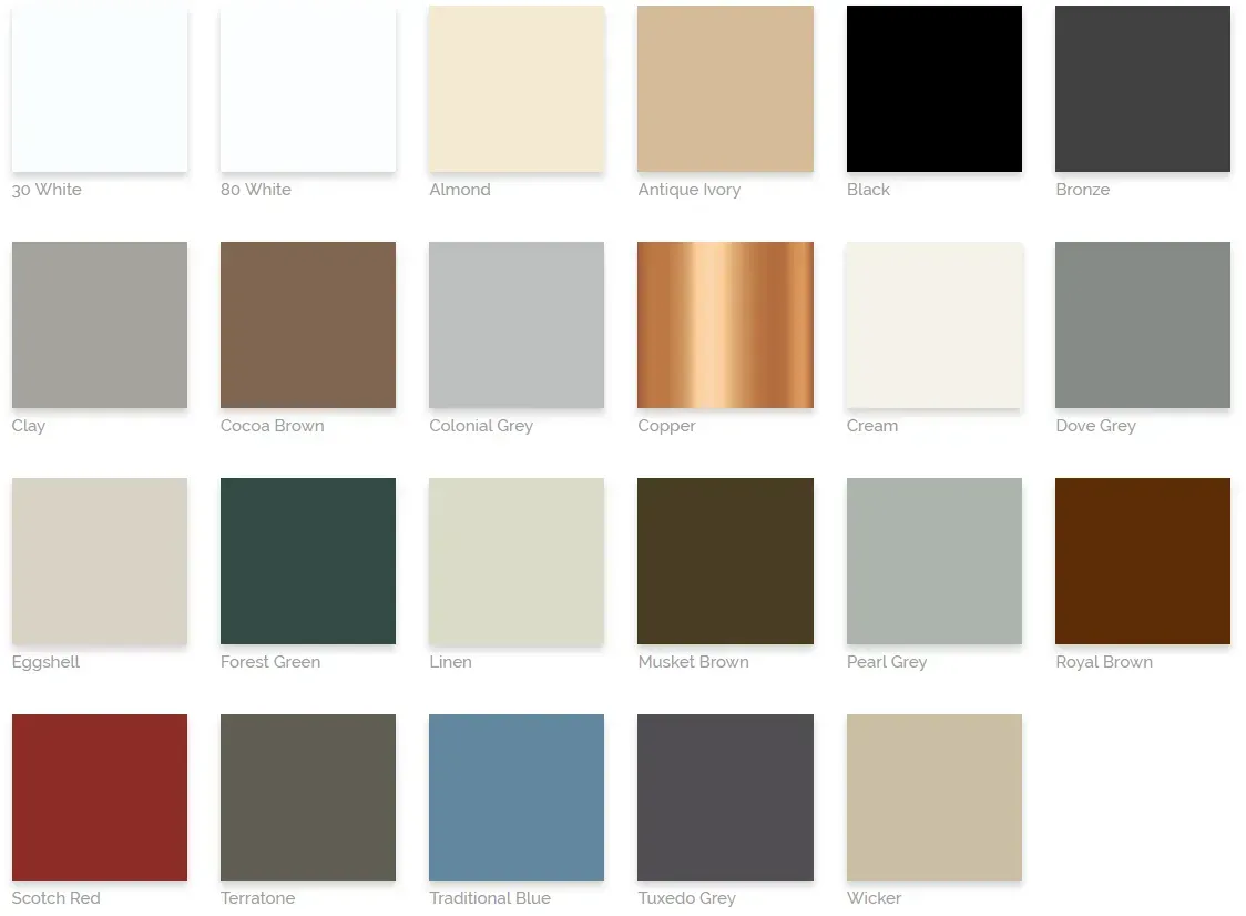 Grid of 20 color swatches, including whites, beiges, grays, black, green, blue, red, and brown tones
