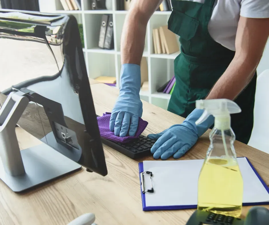 Gloved cleaner wiping a keyboard at a desk with monitor, clipboard, and spray bottle