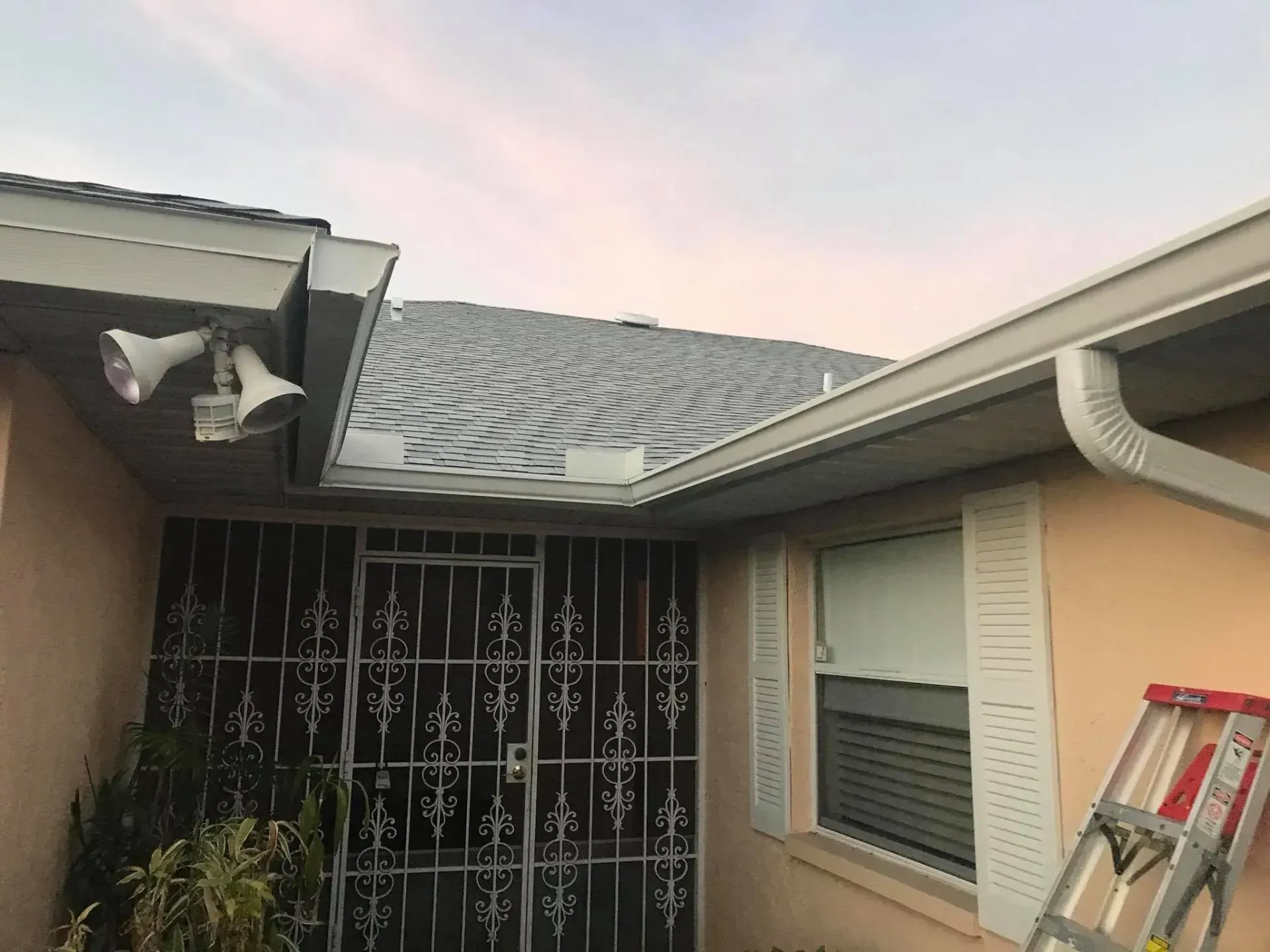 House exterior with a decorative metal security gate, white window shutters, and a ladder leaning on the wall
