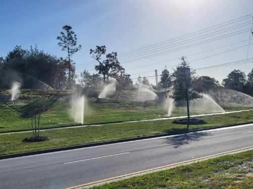 A row of sprinklers spraying water on a lush green field next to a road.