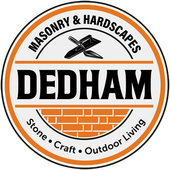 Dedham Masonry & Hardscapes logo with black text, orange brick motif, and stone-craft-outdoor living slogan