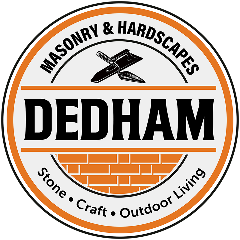 Dedham Masonry & Hardscapes logo with black text, orange brick motif, and stone-craft-outdoor living slogan