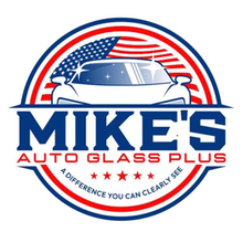 Logo for Mike's Auto Glass Plus, featuring a white car, the American flag, and text on a blue and red circular background.
