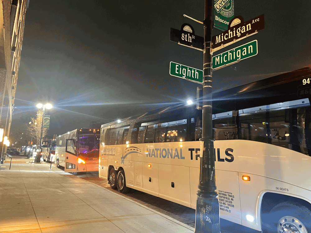 exterior of the MCI charter bus rental