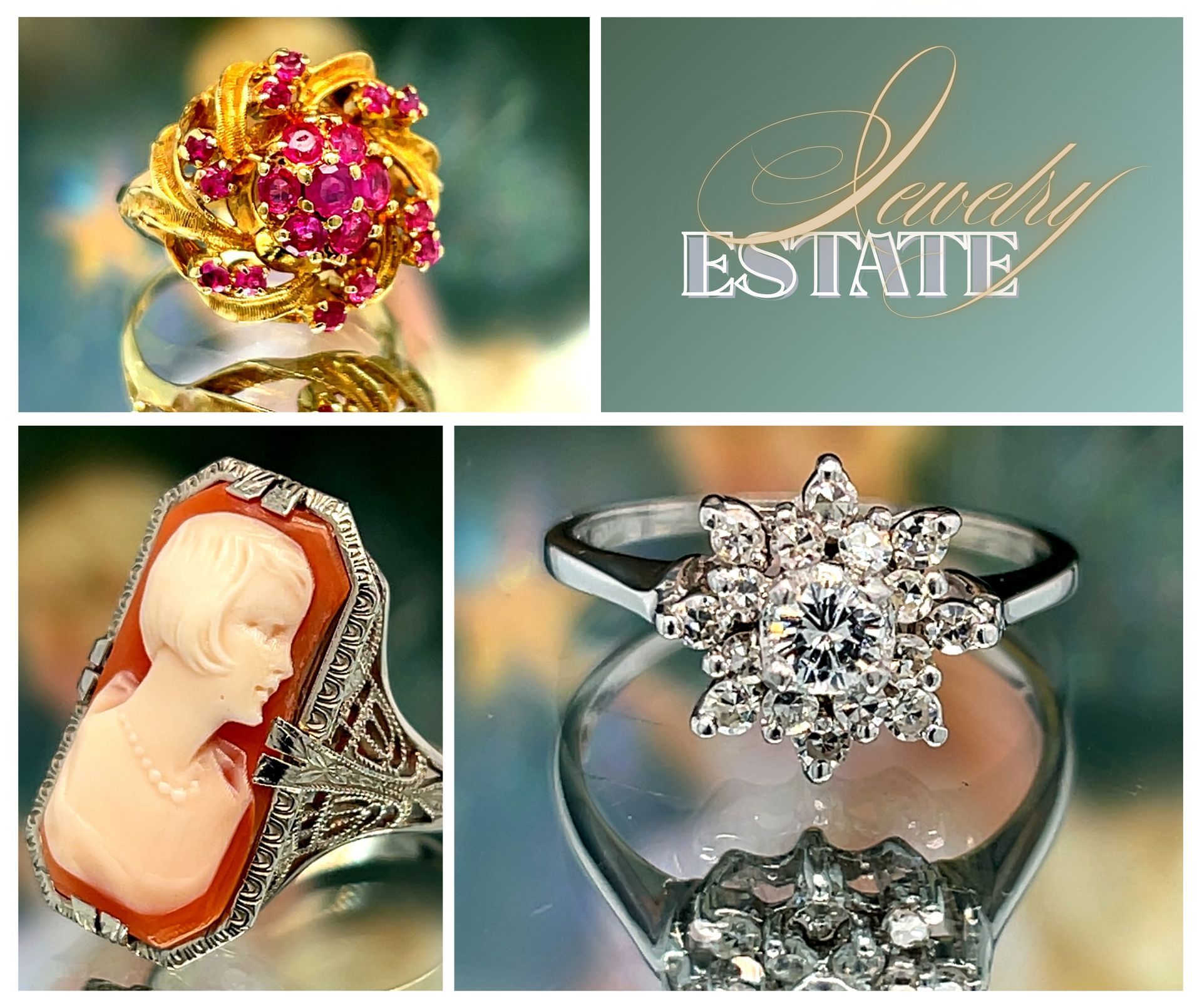 Collage: jewelry rings with rubies, cameo, and diamonds, with 