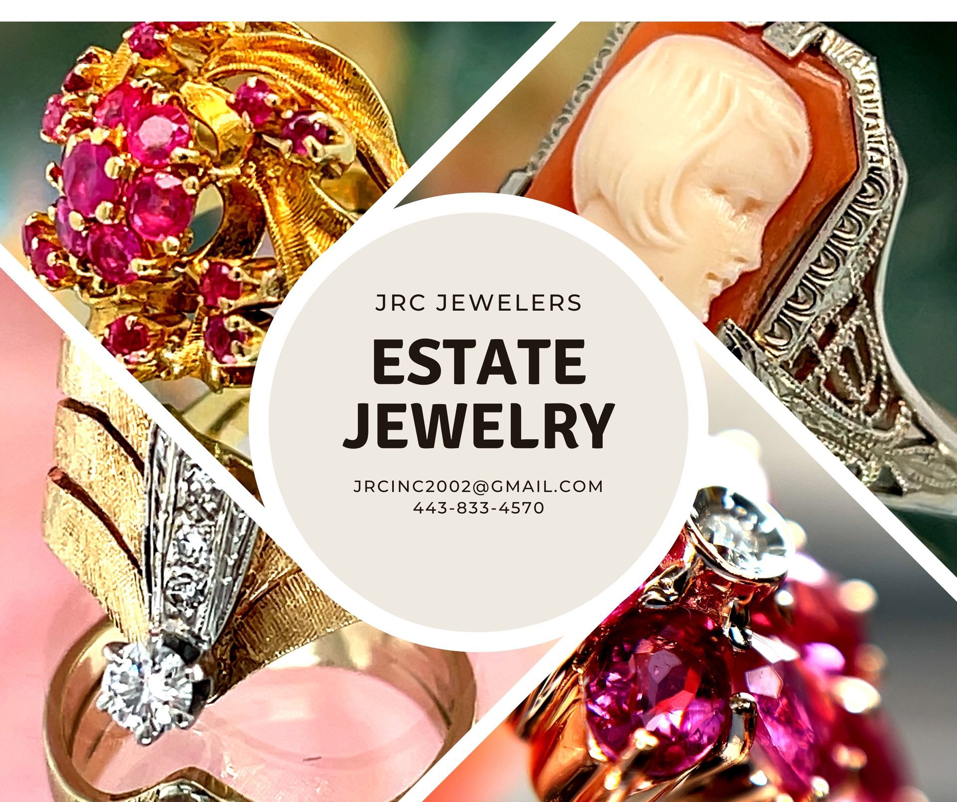 Estate jewelry advertisement showcasing rings with rubies, diamonds, and cameo.