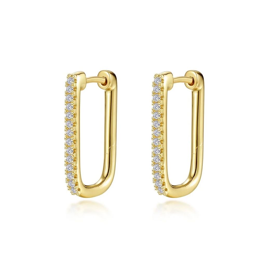 Gold hoop earrings, rectangular shape with a row of small, clear stones on one side.
