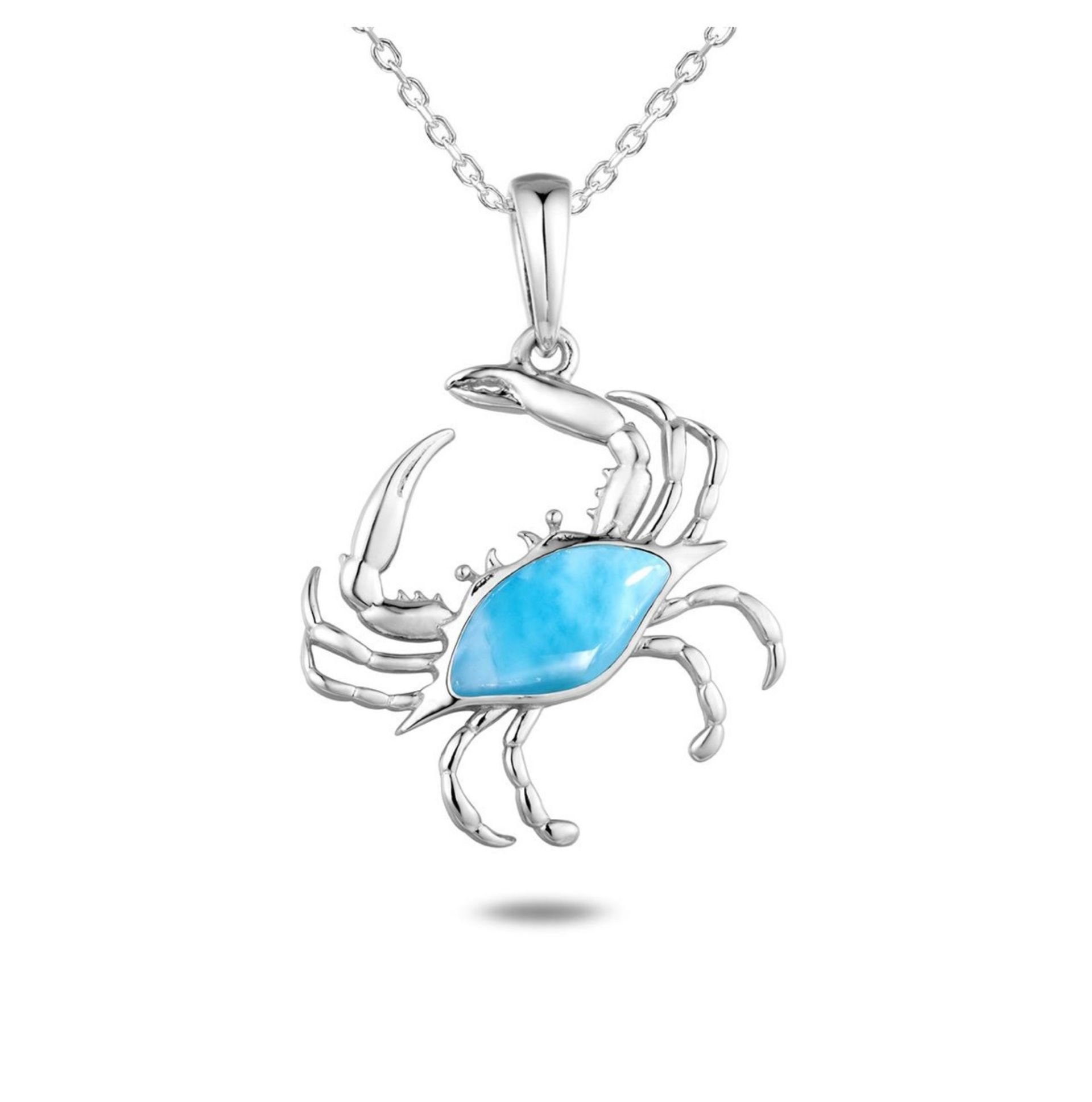 Silver crab pendant necklace with blue gem center.