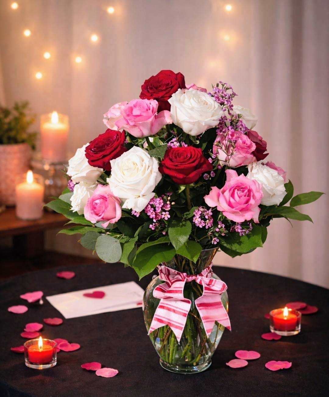 A bouquet of red, white, and pink roses in a glass vase with a striped ribbon on a table with candles and petals.