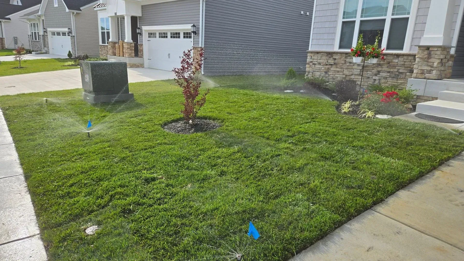 Front yard with green lawn, small tree, utility box, and a house under construction behind a tarp-covered porch.