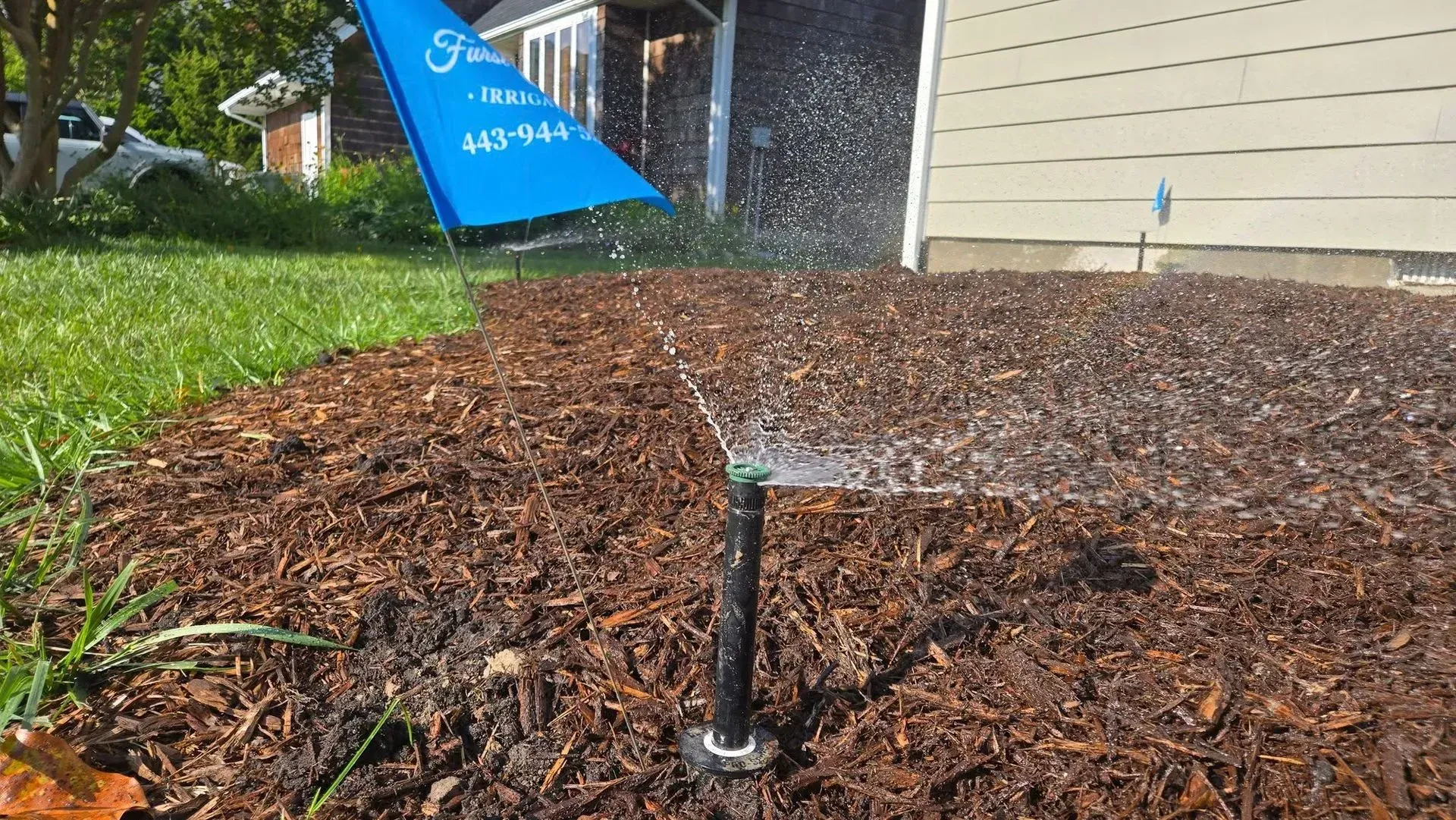 Sprinkler spraying water over mulch near a house, with a blue garden flag in the background