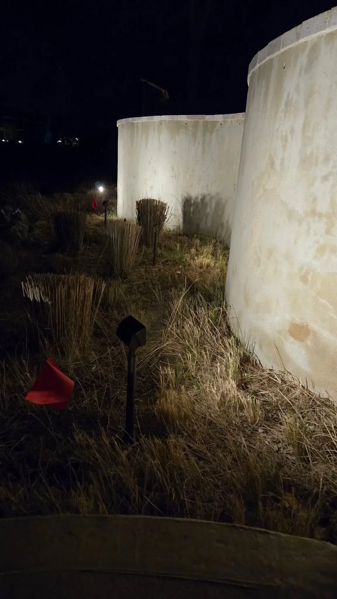 Large white cylindrical tanks beside a narrow overgrown path at night, lit by a small ground light.