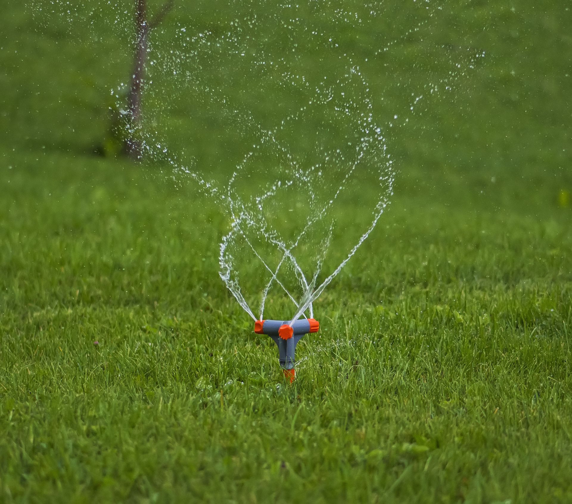 A small orange sprinkler sprays water over a green lawn, creating a misty arc.