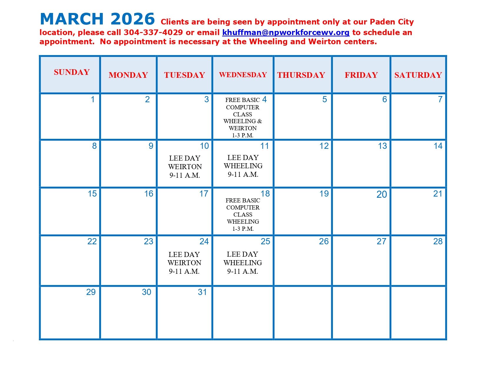 A March 2026 calendar with appointments listed: March 4th, 11th, 17th, and 25th.