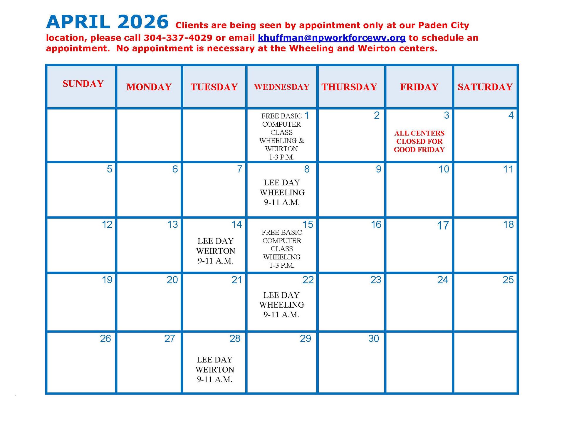 April 2026 calendar for employment centers, showing appointment details, class times, and holiday closures. 