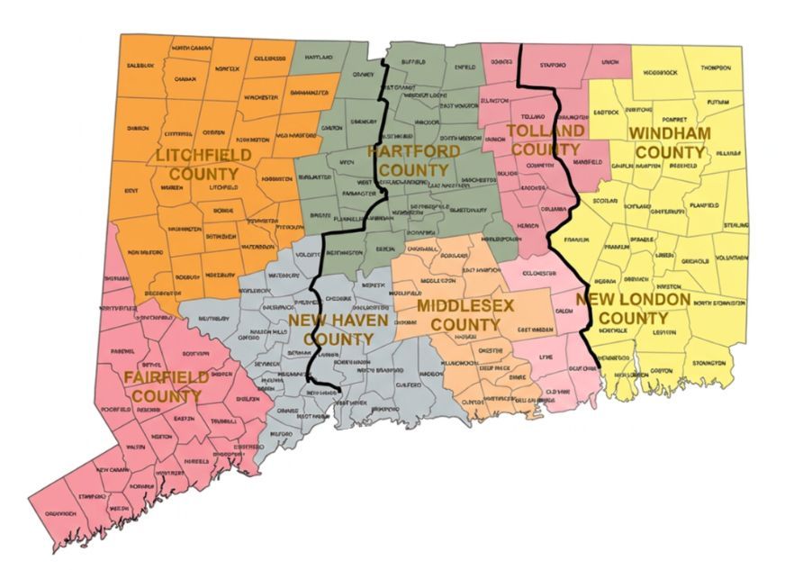 Color-coded map of Connecticut counties labeled by county name