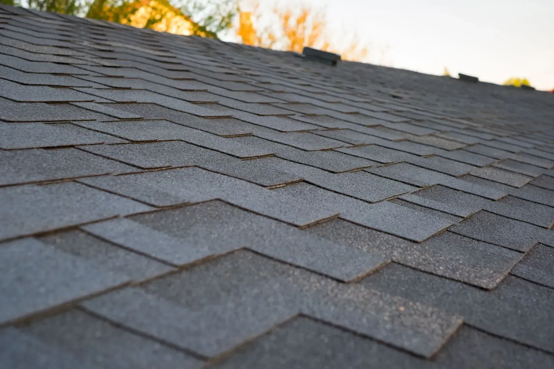 Close-up of a gray, textured shingled roof under soft natural light.