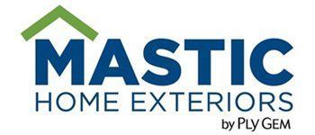 Logo for Mastic Home Exteriors with a green roof above the blue text and 