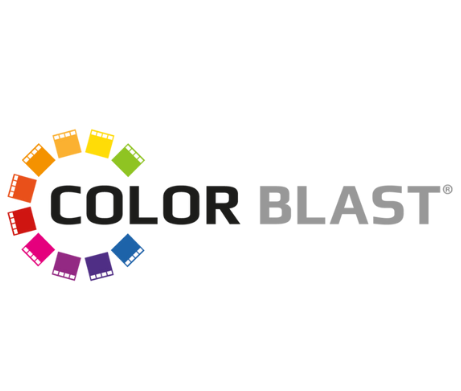 A logo for color blast with a rainbow of colors