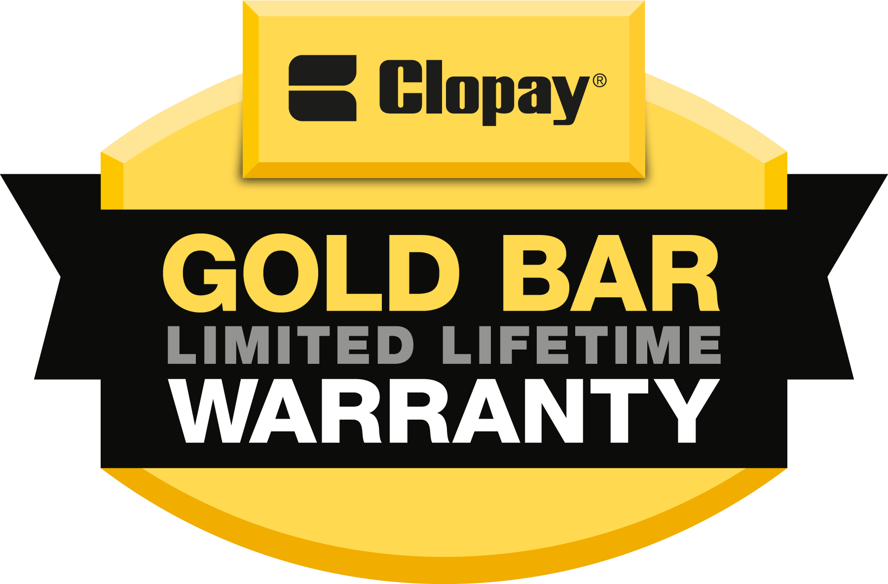 A gold bar limited lifetime warranty logo for clopay.