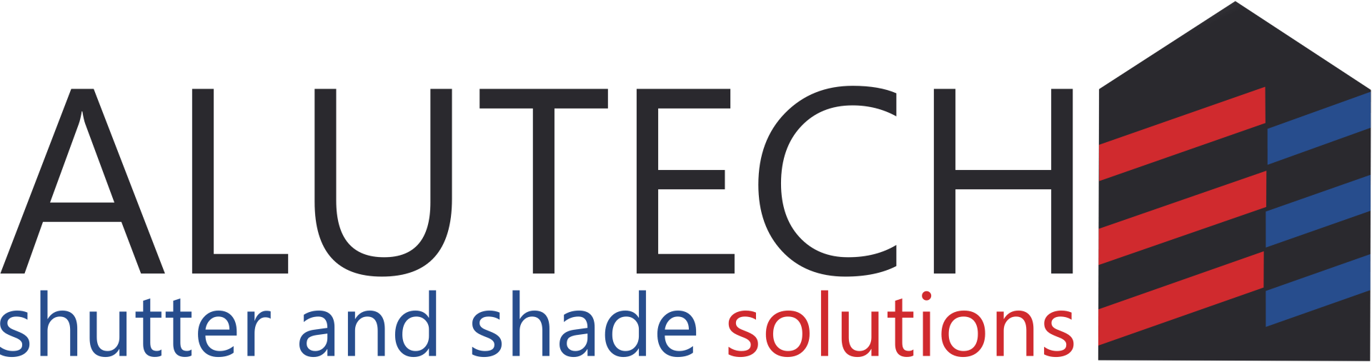 A logo for a company called alutech shutter and shade solutions