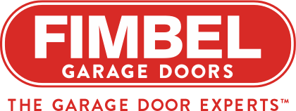 A red and white logo for fibel garage doors