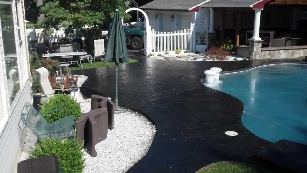 A backyard with a swimming pool and a patio area