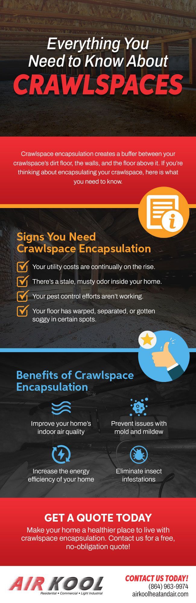 Red crawlspace repair ad with red banner, bullet points, icons, and company logos at the bottom.