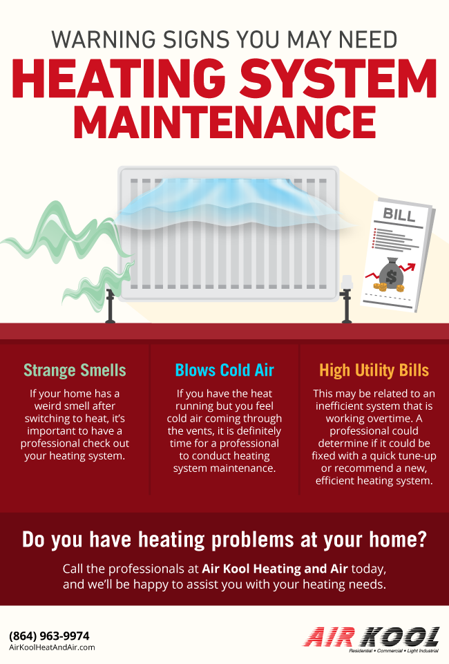 Heating system maintenance ad with a radiator, warning signs, and bill on a red background