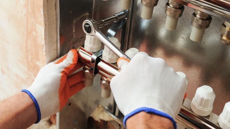 Hands using a wrench to tighten a metal plumbing fitting beside a stainless steel sink.