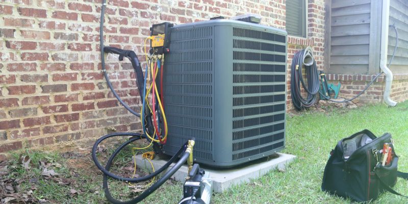 Outdoor HVAC unit beside a brick house, with coiled hoses and a black tool bag on the grass.