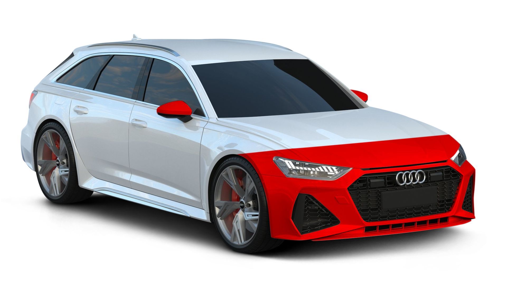 A white audi rs6 avant with a red front bumper.