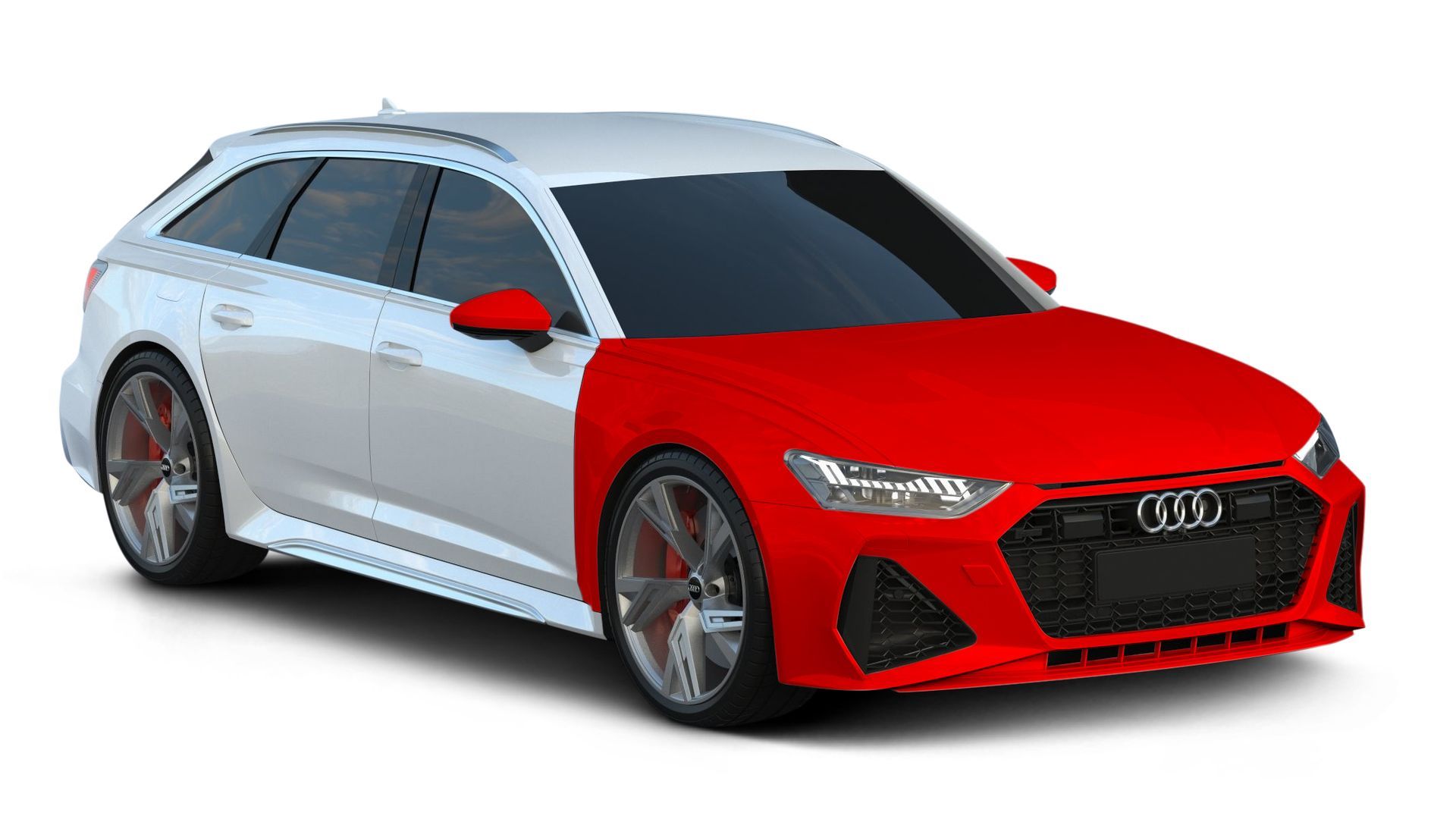A red and white audi rs6 is shown on a white background.