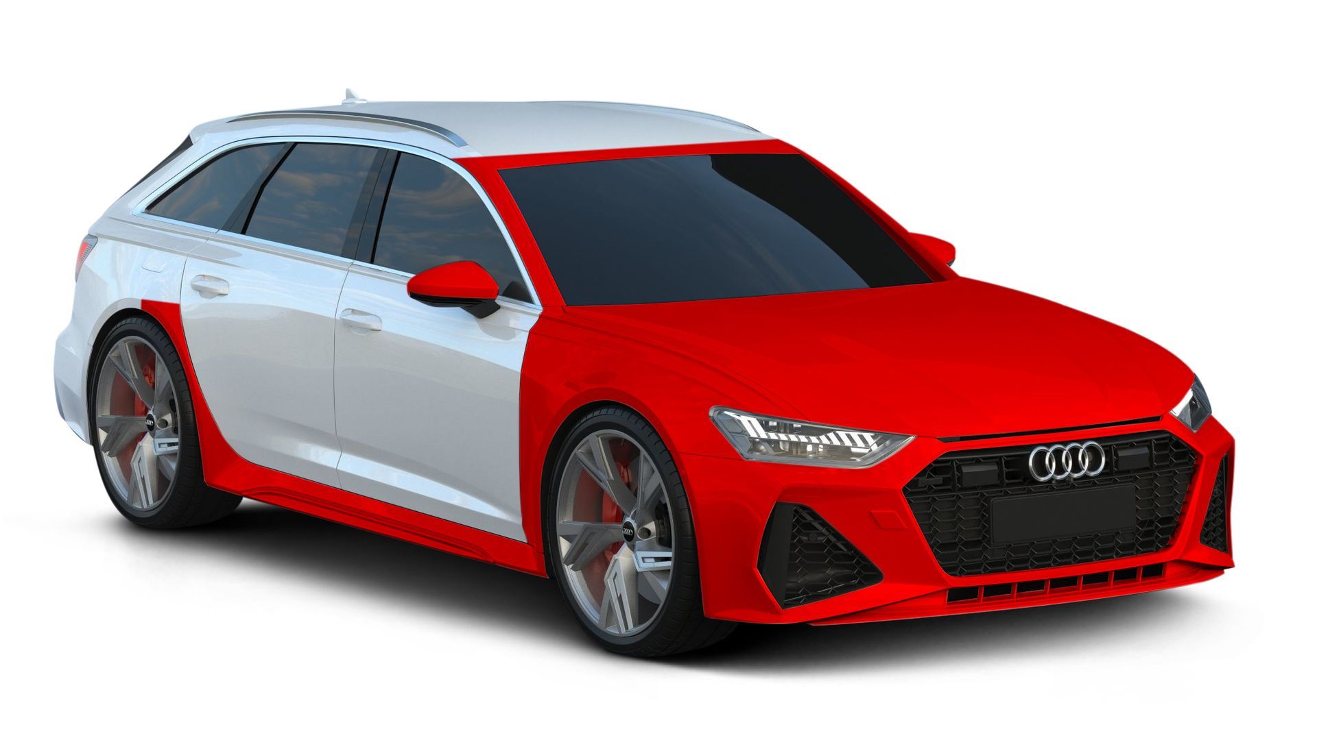 A red and white car with a red stripe on the side.