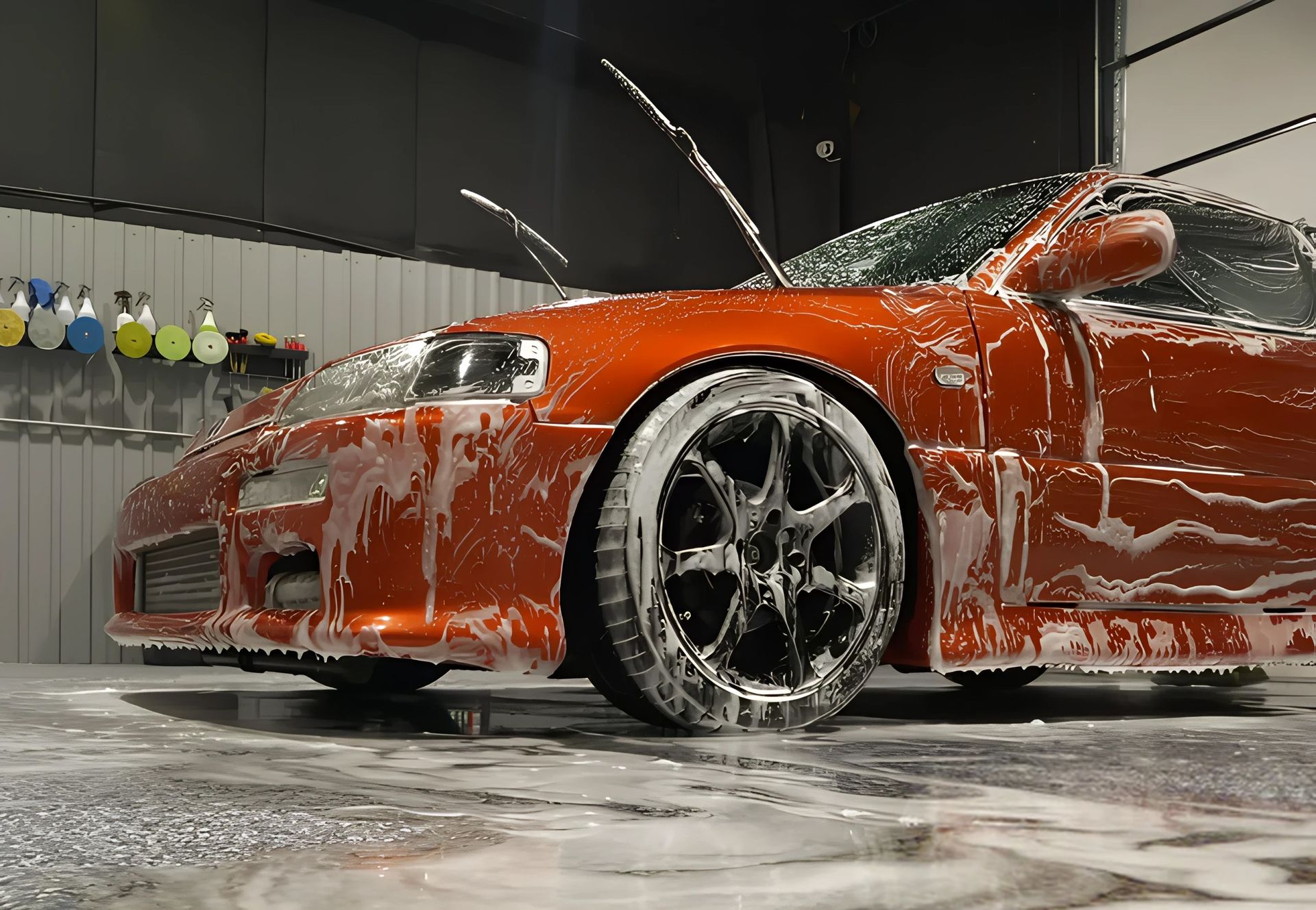 A red sports car is covered in foam in a garage.