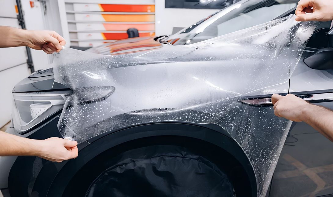 Two men are wrapping a car with a protective film.