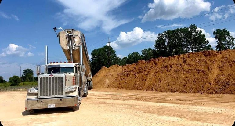 An excavator is loading a dump truck with dirt in a quarry.