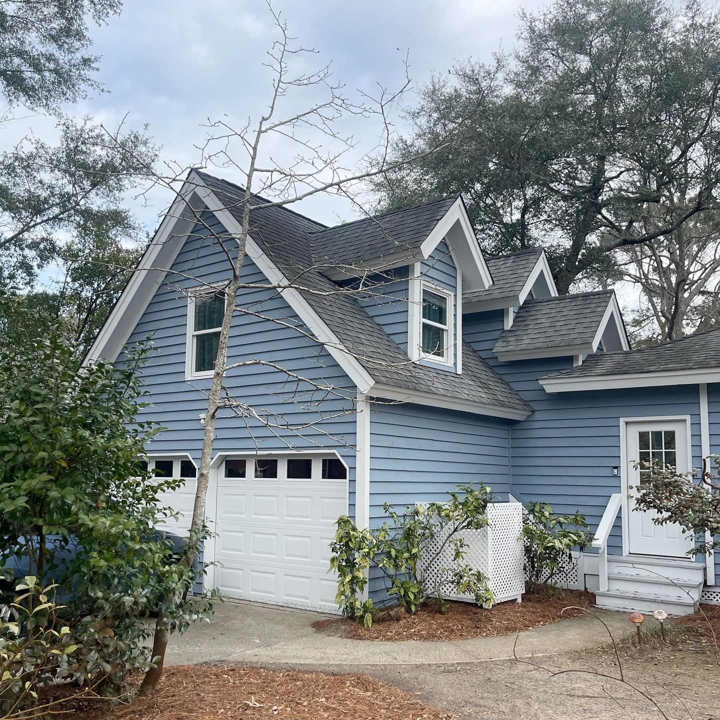 A blue house with a white garage door is surrounded by trees.
