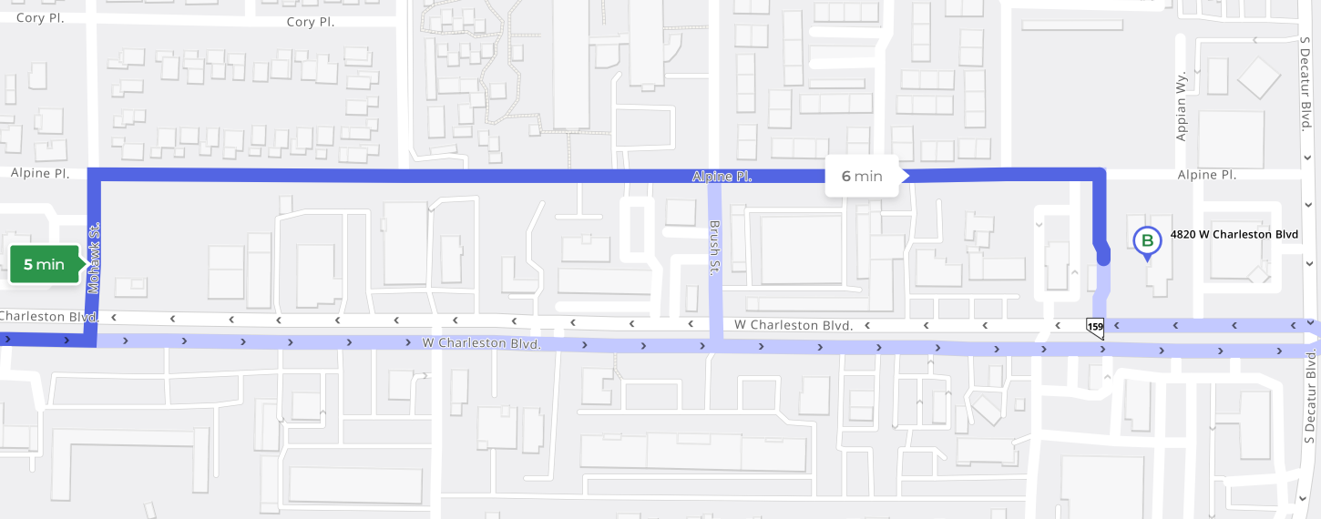 Map showing a route from an origin to