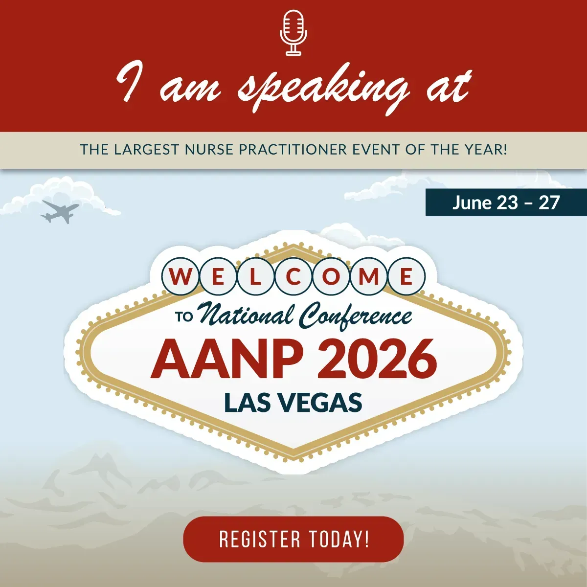 AANP 2026 National Conference promo in red, white and blue; Las Vegas, June 23–27, with “Register Today” button