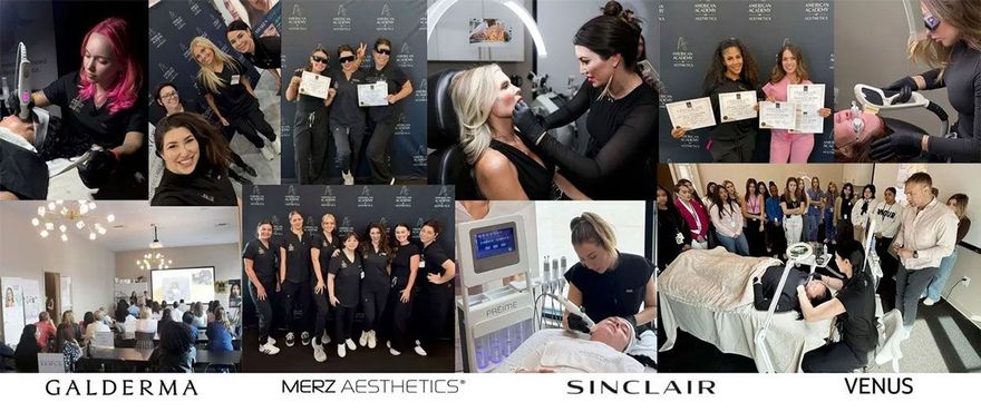 Collage of people at a G.A.L.DERM, Sinclair, and Venus event, posing, mingling, and at product tables